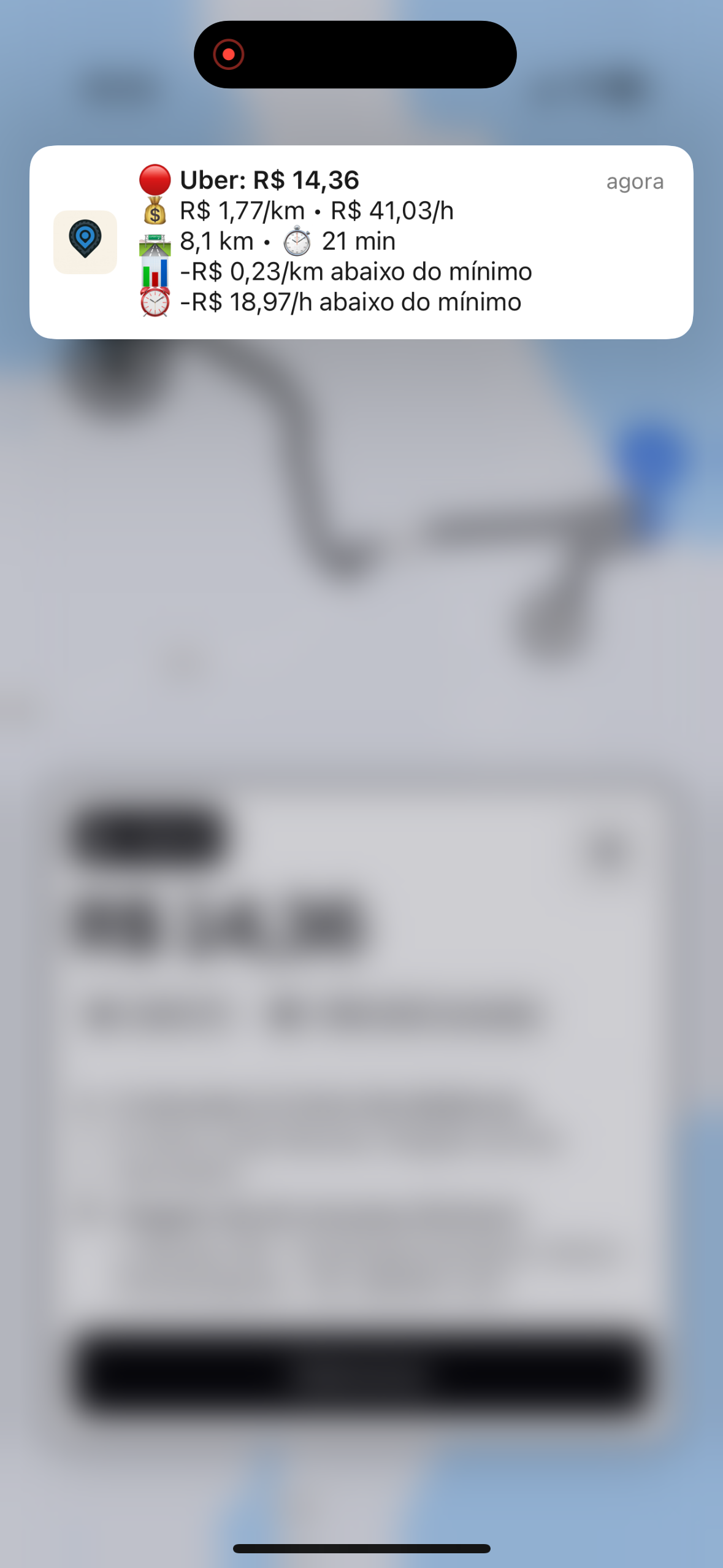 Notificação mostrando valor por km e ganho por hora da corrida Uber