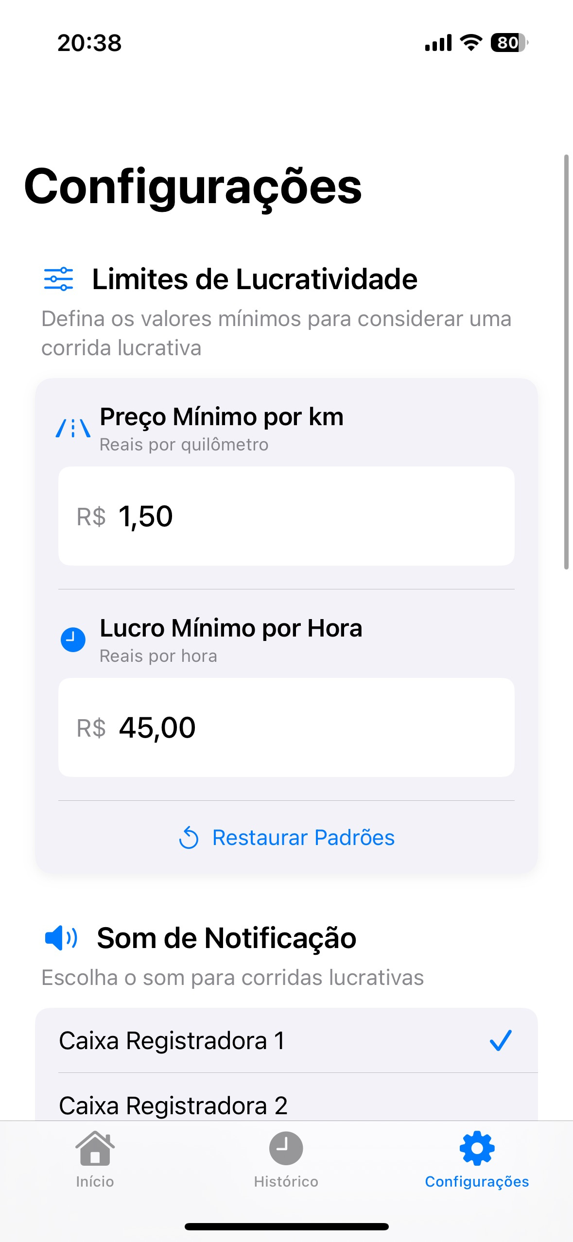 App Corridex para motoristas Uber e 99 - Tela inicial de configuração